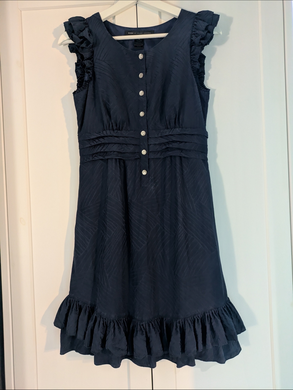Marc by Marc Jacobs 100% Silk Ruffle Mini Dress Bright Navy Size 2 Coquette